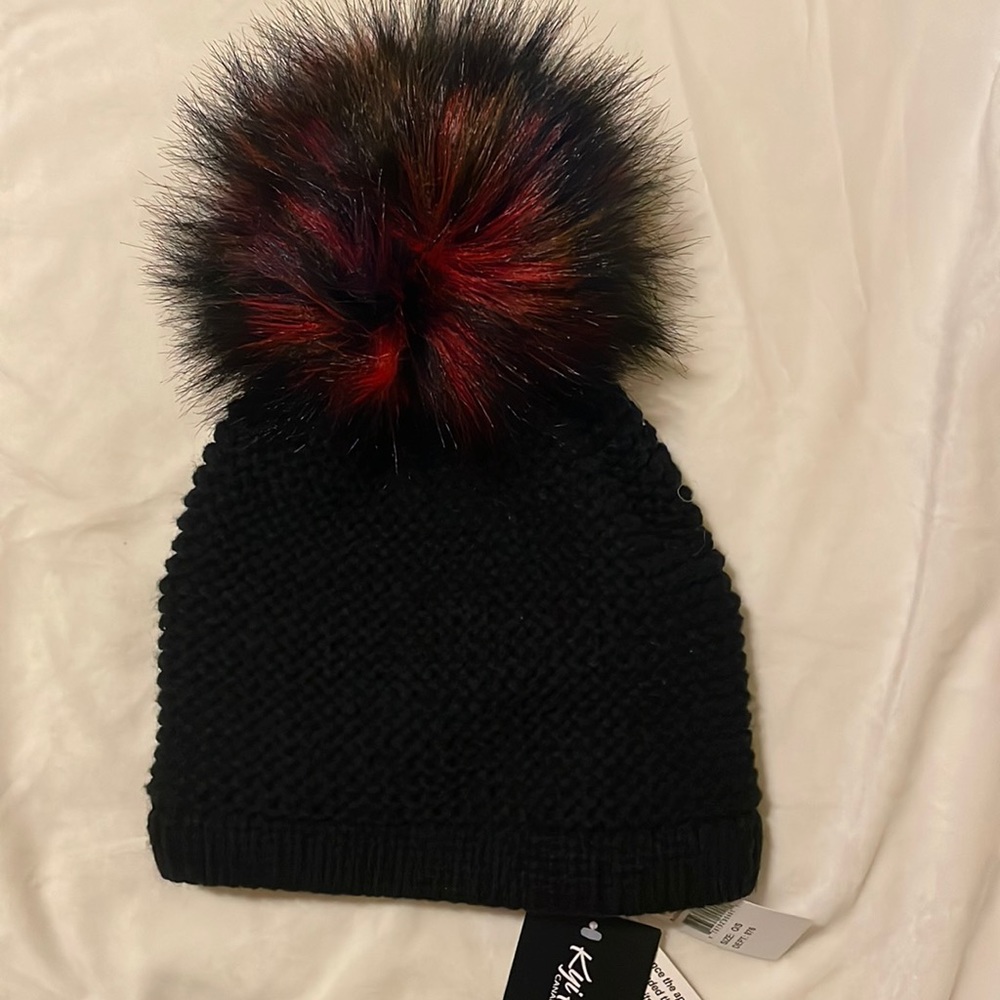 KYI KYI Classic Faux Fur Pom Beanie Hat NEW Black Wool Blend